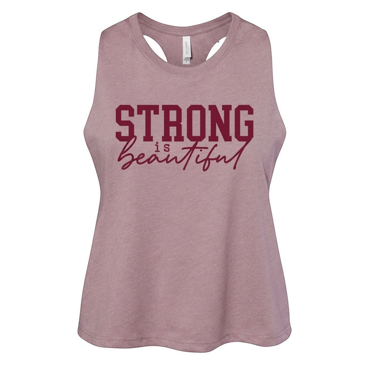 JSD Apparel Orchid Racerback Cropped Tank top with "STRONG is Beautiful" graphic. Made of cotton-polyester jersey.