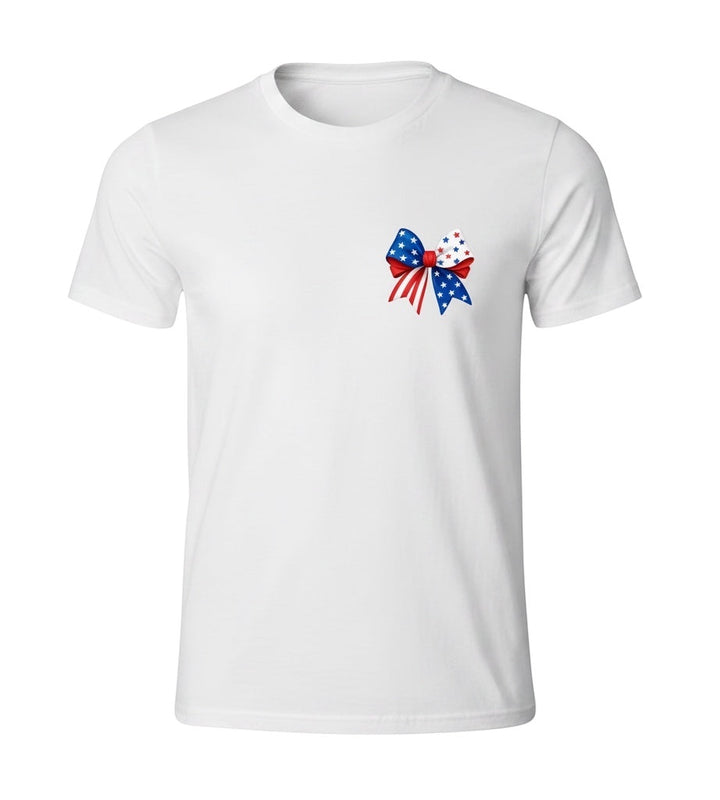 JSD Apparel white youth t-shirt featuring a patriotic red, white, and blue star-patterned bow on the chest.