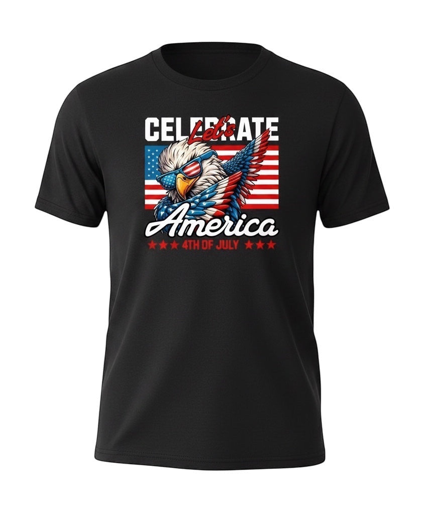 JSD Apparel black youth t-shirt featuring a patriotic eagle wearing flag sunglasses for 4th of July celebrations.