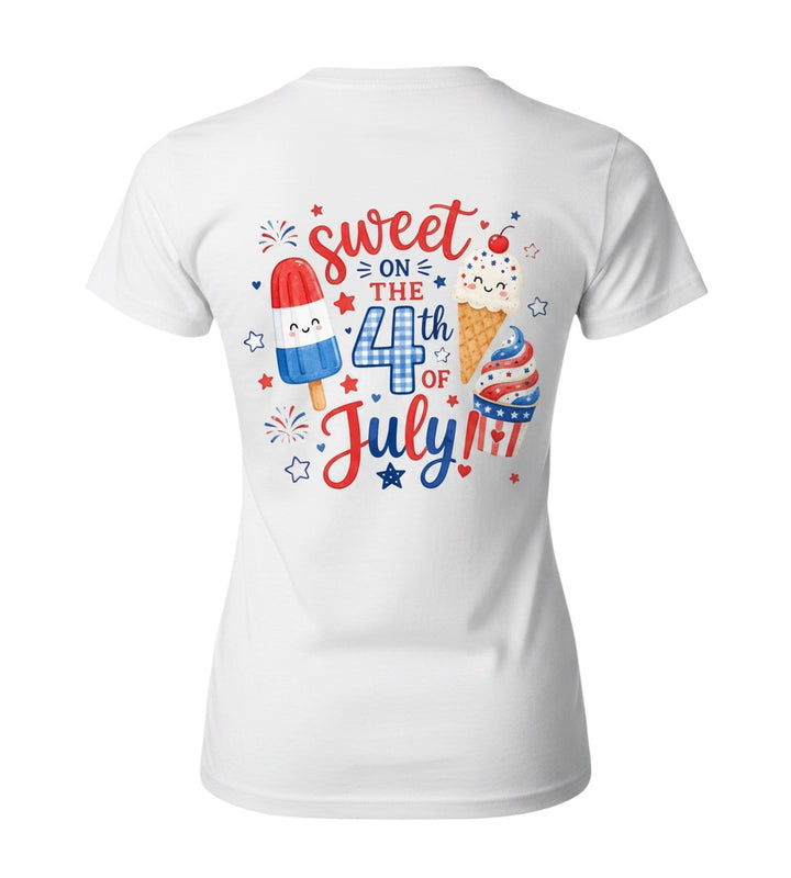 JSD Apparel white youth t-shirt featuring a patriotic Sweet on the 4th ice cream and popsicle graphic on the back.