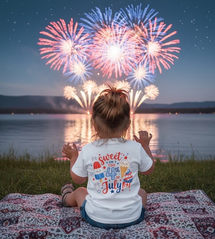 JSD Apparel youth tee with patriotic ice cream graphic, worn by a child watching fireworks over a lake at night.