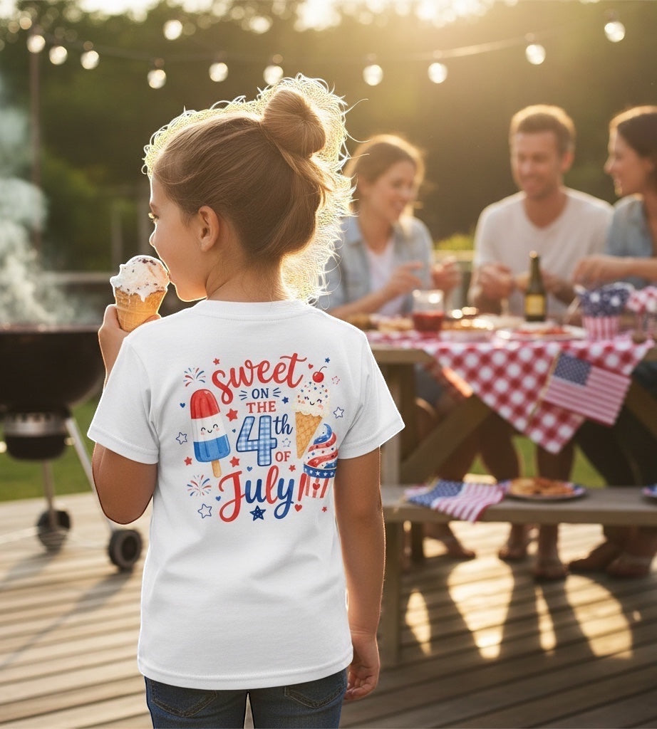 JSD Apparel youth white cotton t-shirt with patriotic ice cream and 4th of July graphic on the back