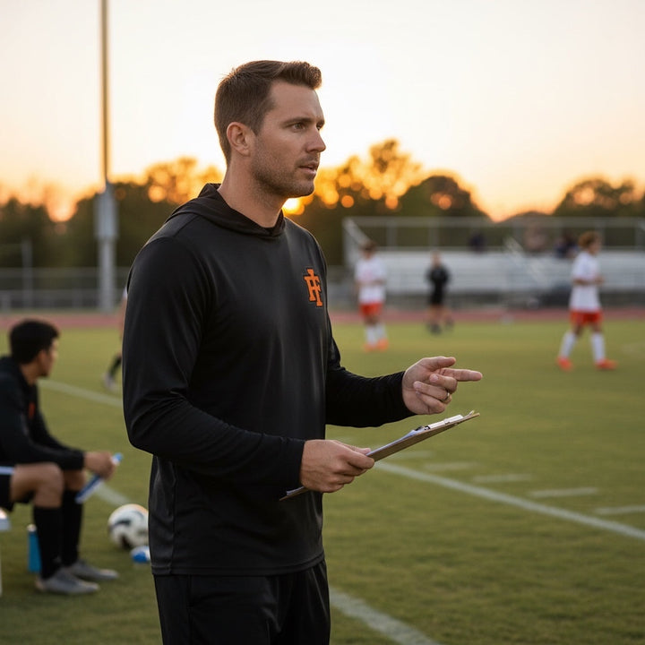 A coach wearing a black JSD Apparel performance hooded long sleeve with an IF logo on a soccer field at sunset.