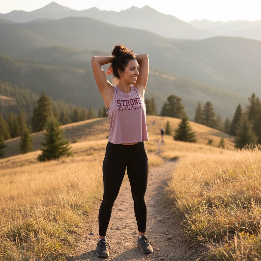 JSD Apparel orchid pink racerback cropped tank top with "STRONG IS BEAUTIFUL" graphic, made of cotton-poly blend.