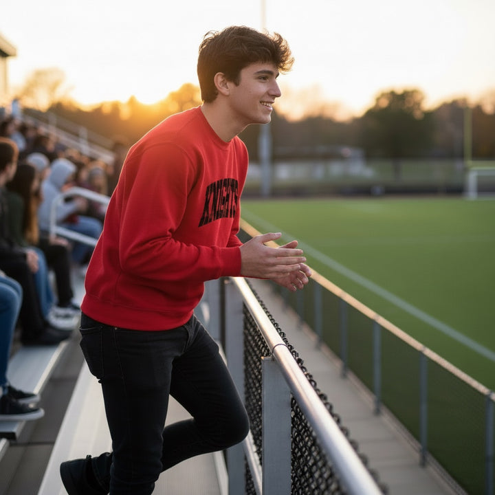 A young man wearing a red JSD Apparel Hillcrest Knights crewneck with black collegiate lettering at a sports field.