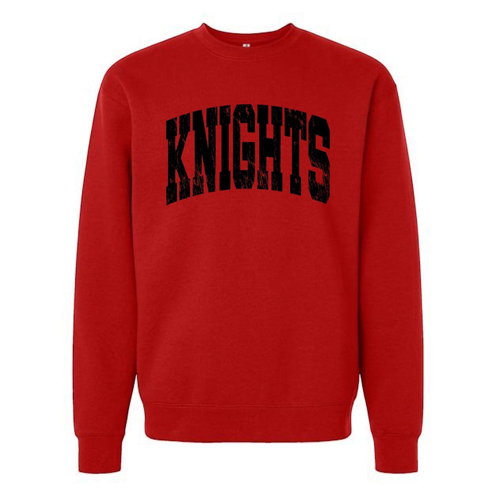JSD Apparel red crewneck sweatshirt with a distressed black collegiate arch KNIGHTS graphic on the chest.