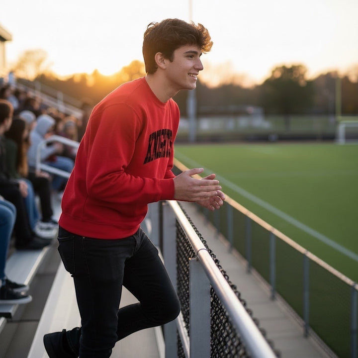JSD Apparel Hillcrest Knights red crewneck sweatshirt with black collegiate arch graphic worn by a man at a stadium