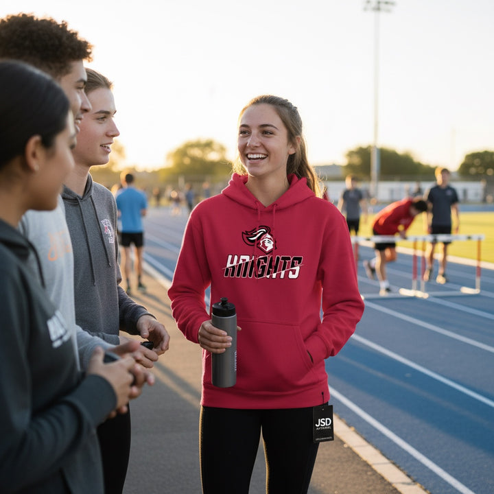 JSD Apparel red heavyweight pullover hoodie with Hillcrest Knights graphic worn by a smiling athlete on a track