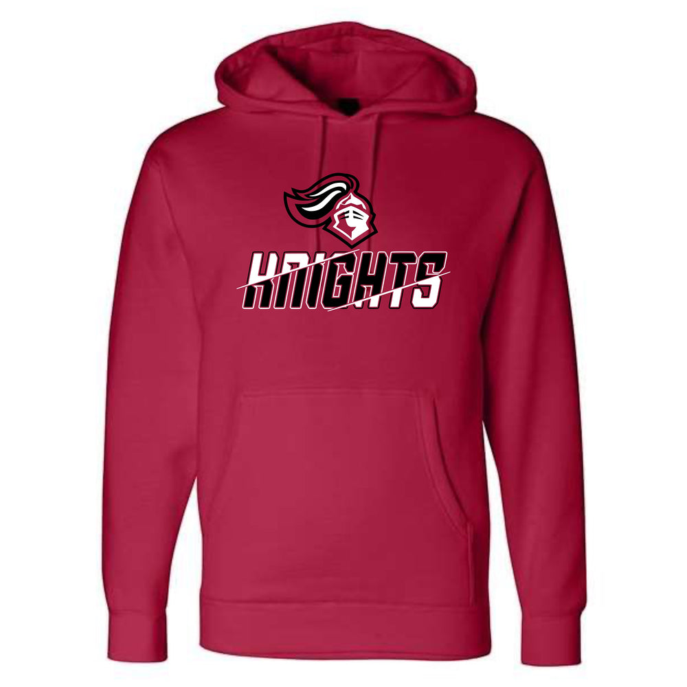 JSD Apparel red heavyweight pullover hoodie featuring a Hillcrest Knights graphic with a knight head and slashed text