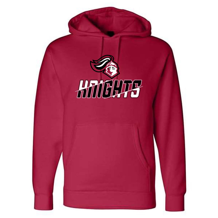 JSD Apparel red heavyweight pullover hoodie featuring a Hillcrest Knights graphic with a knight head and slashed text.