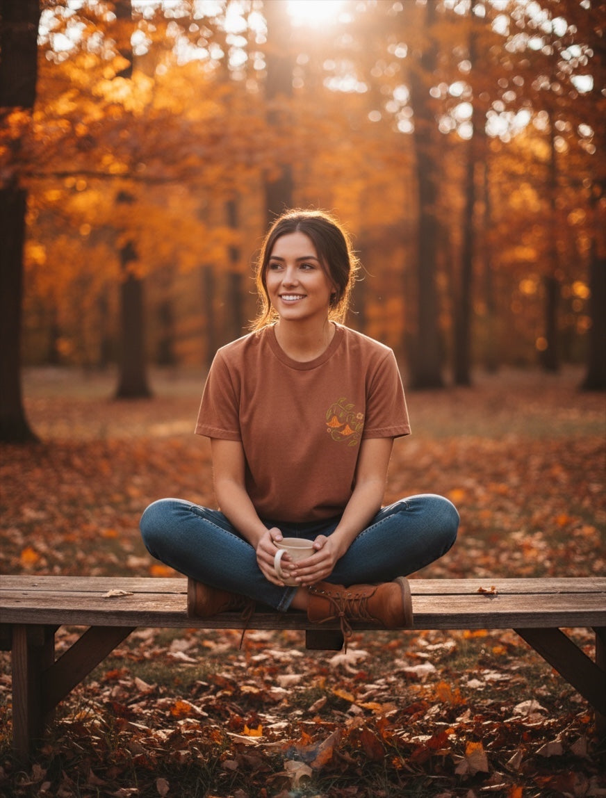 JSD Apparel unisex harvest tee in rust brown with floral chest graphic, worn by a woman sitting on a park bench.
