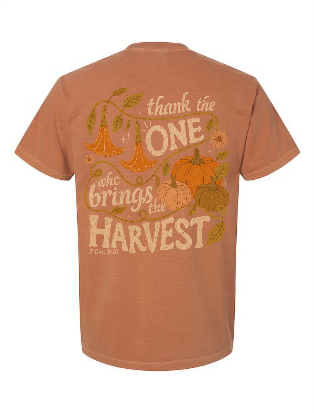 JSD Apparel unisex harvest tee in rust orange with vintage pumpkin and floral back graphic and 2 Corinthians 9:10