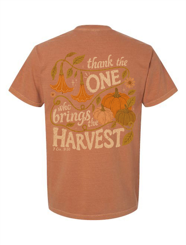 JSD Apparel unisex harvest tee in rust orange with vintage pumpkin and floral back graphic and 2 Corinthians 9:10