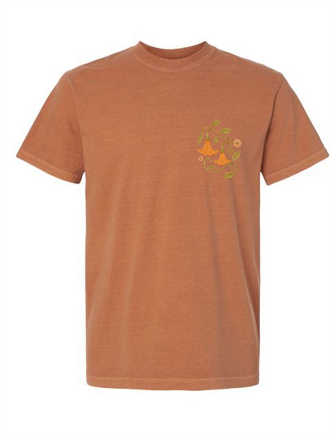 JSD Apparel harvest-themed unisex tee in rust orange with a small floral graphic on the left chest