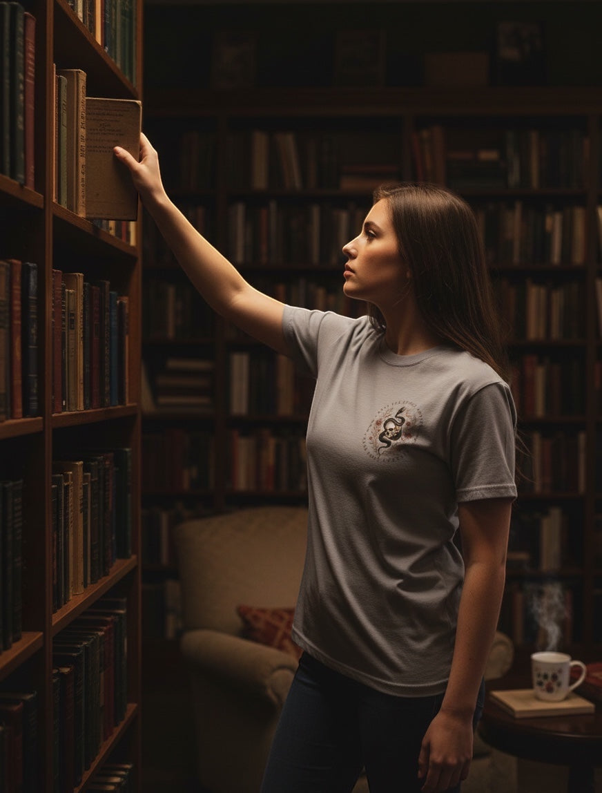 JSD Apparel unisex tee with skull and serpent chest graphic worn by a woman in a library