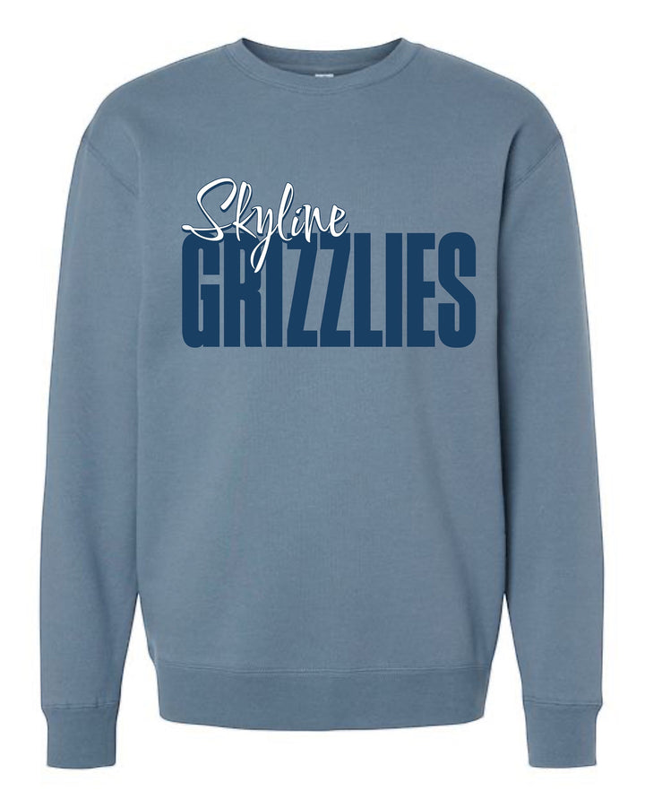 JSD Apparel blue heavyweight fleece crewneck sweatshirt with Skyline Grizzlies script and block letter graphic print.