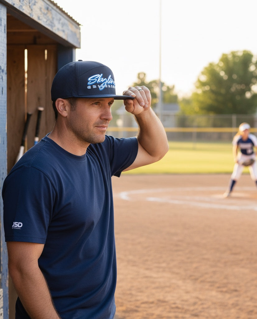 JSD Apparel Skyline Grizzlies navy blue performance snapback cap with flat bill worn by a man on a baseball field