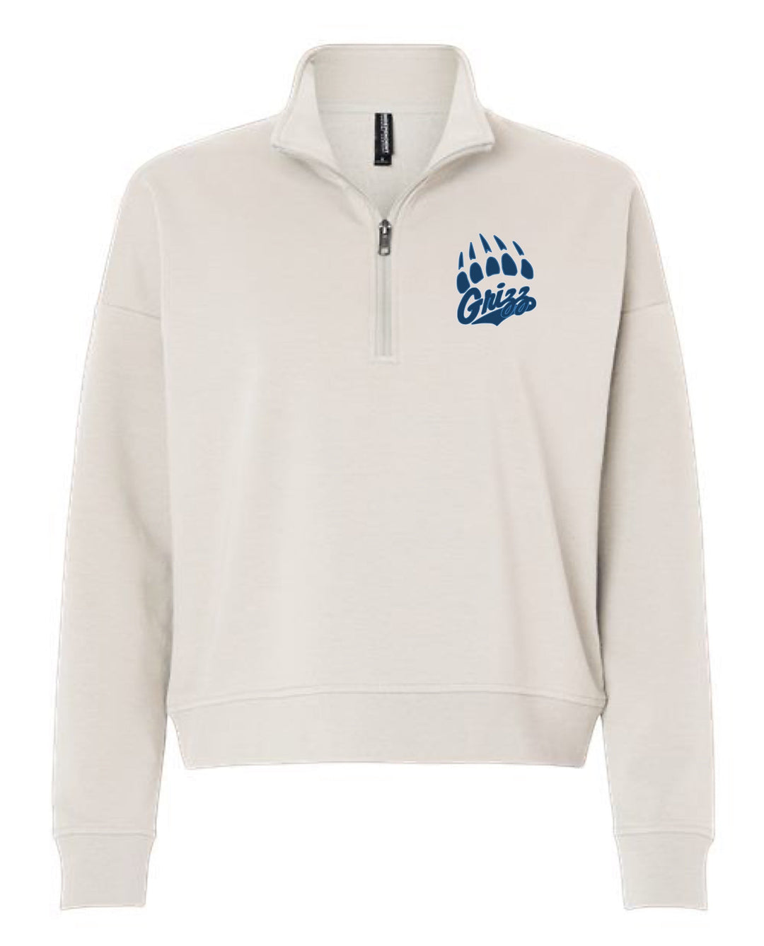 JSD Apparel Skyline Grizzlies quarter zip pullover in beige midweight fleece with a blue paw and script logo.