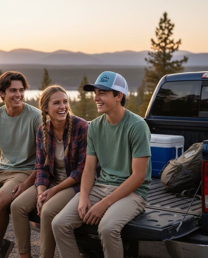 JSD Apparel Skyline Grizzlies Paw Trucker Hat worn by a young man sitting on a truck tailgate at sunset.