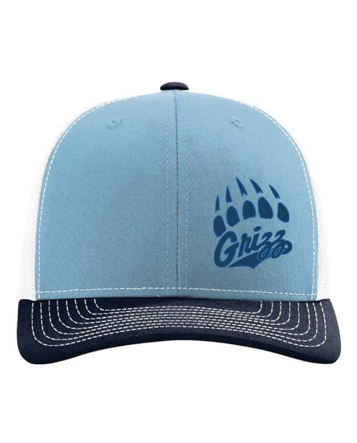 JSD Apparel Skyline Grizzlies trucker hat in light blue and navy with a bear paw logo and mesh back.