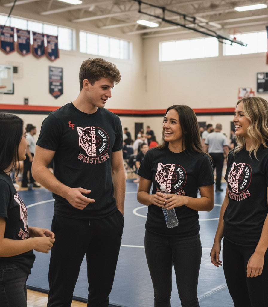 JSD Apparel South Fremont Wrestling black cotton-poly unisex tee with graphic worn by a group in a gym