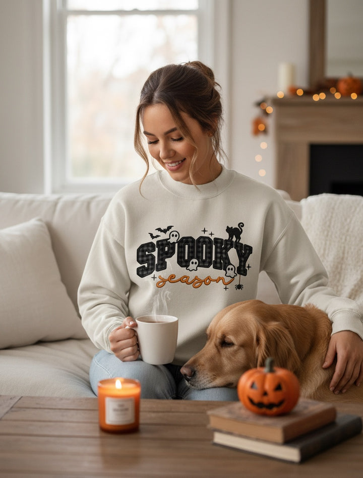 JSD Apparel cream mock neck sweatshirt with Spooky Season plaid lettering, ghosts, and cats worn by a woman with a dog