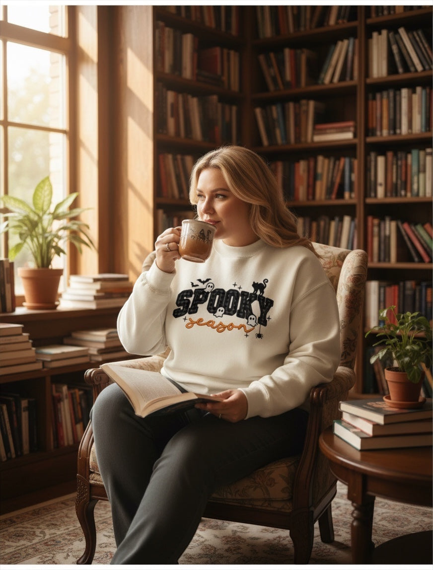 JSD Apparel cream mock neck sweatshirt with Spooky Season varsity plaid print, worn by a woman reading in a library.