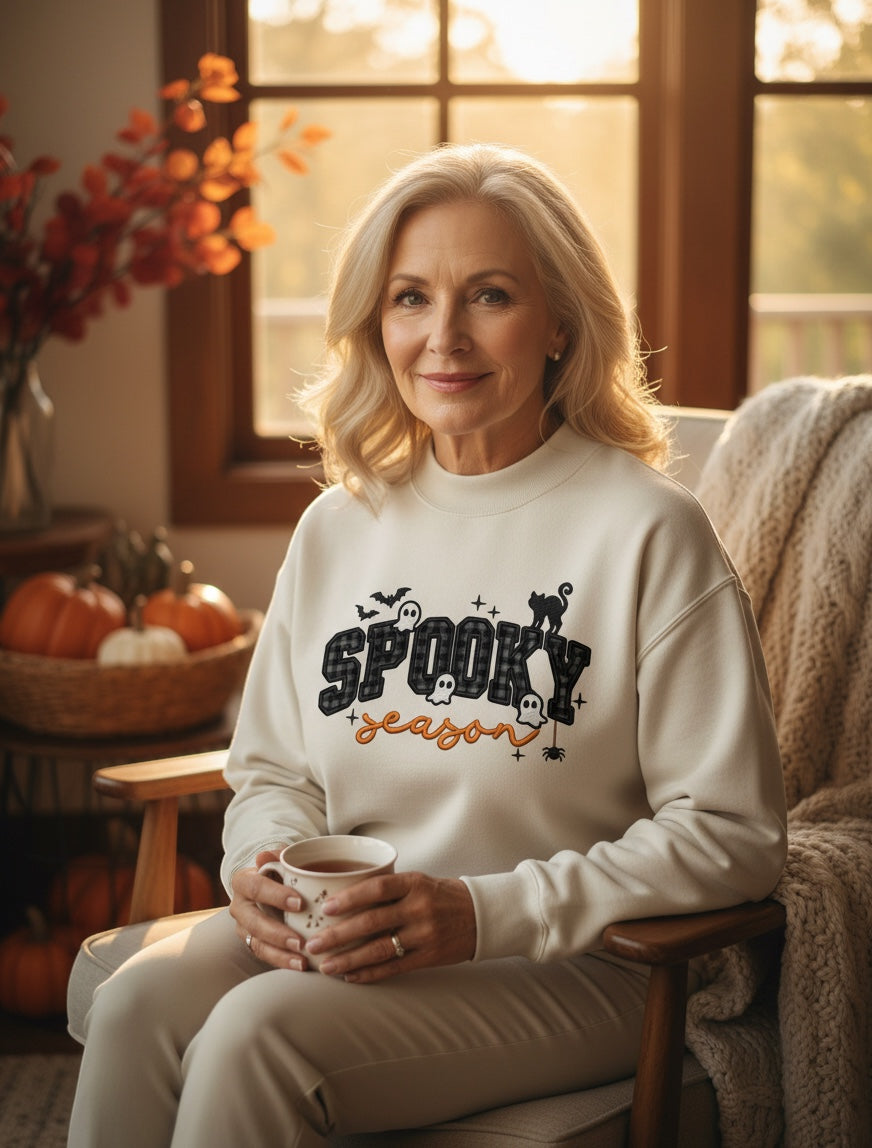 JSD Apparel Spooky Season mock neck sweatshirt with plaid lettering and Halloween icons on a woman in a cozy room.