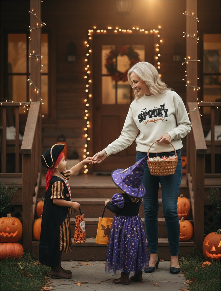 JSD Apparel Spooky Season mock neck sweatshirt with varsity plaid lettering and Halloween icons on a woman