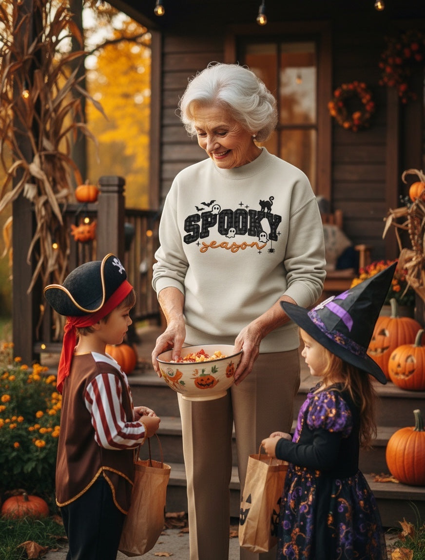 JSD Apparel Spooky Season mock neck sweatshirt worn by a woman handing candy to children in Halloween costumes