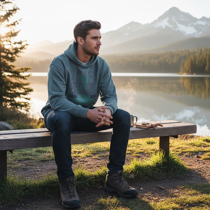 JSD Apparel Storm Blue Drift & Endure hoodie worn by a man sitting on a bench by a lake at sunset.