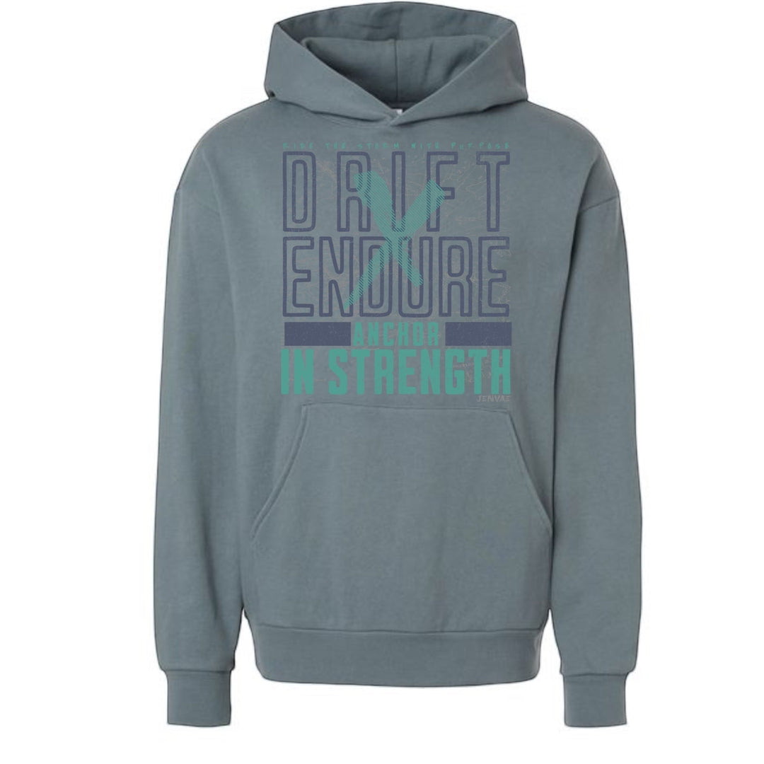 JSD Apparel storm blue unisex hoodie with Drift and Endure graphic print and front pouch pocket