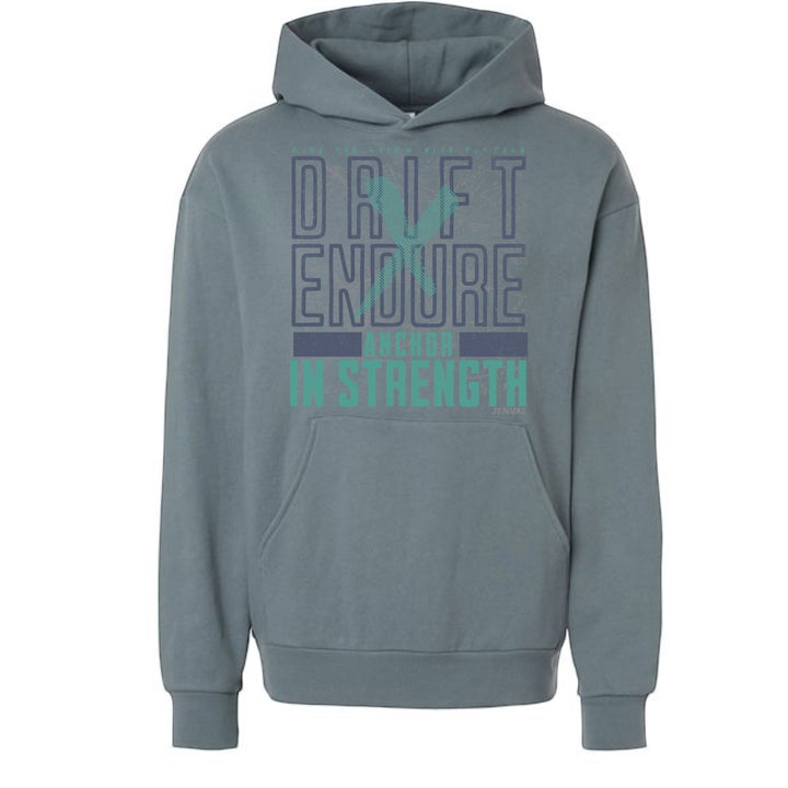 JSD Apparel storm blue unisex hoodie with Drift and Endure graphic print and front pouch pocket
