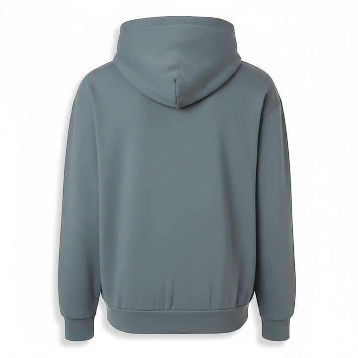 Back view of JSD Apparel Drift & Endure storm blue unisex relaxed fit hoodie in a midweight cotton poly blend.