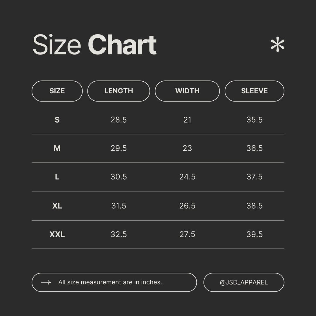 JSD Apparel Get Outdoors Elk unisex sweatshirt size chart showing length, width, and sleeve measurements in inches.