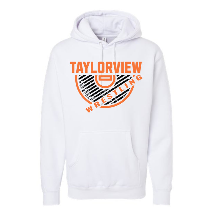 JSD Apparel white pullover hoodie featuring a bold orange and black Taylorview Wrestling graphic on the chest.