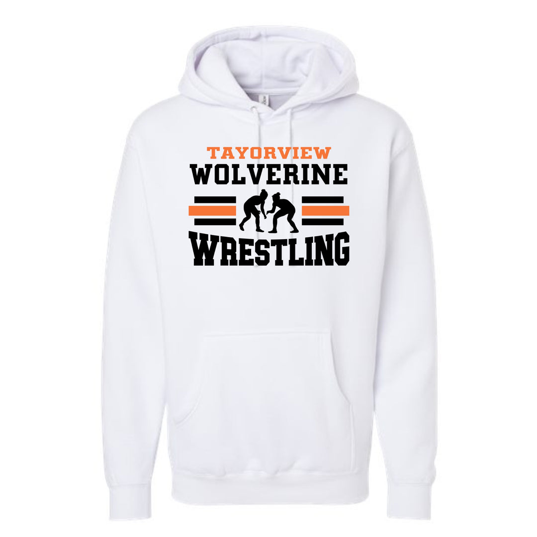 JSD Apparel white pullover hoodie with Taylorview Wrestling graphic featuring black and orange text and wrestlers.