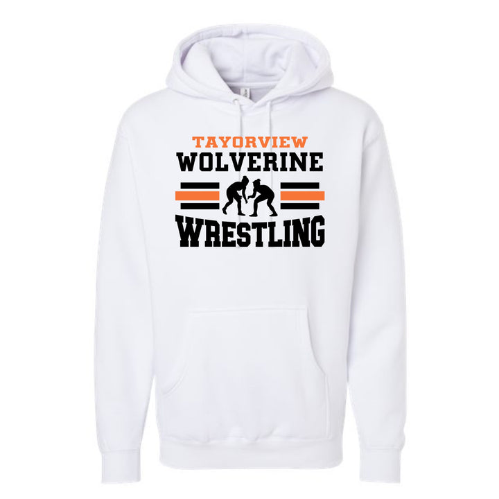 JSD Apparel white pullover hoodie with Taylorview Wrestling graphic featuring black and orange text and wrestlers.