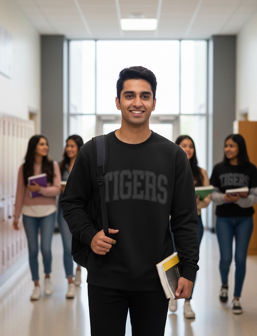 JSD Apparel Tigers crewneck sweatshirt in black with collegiate lettering worn by a student in a school hallway