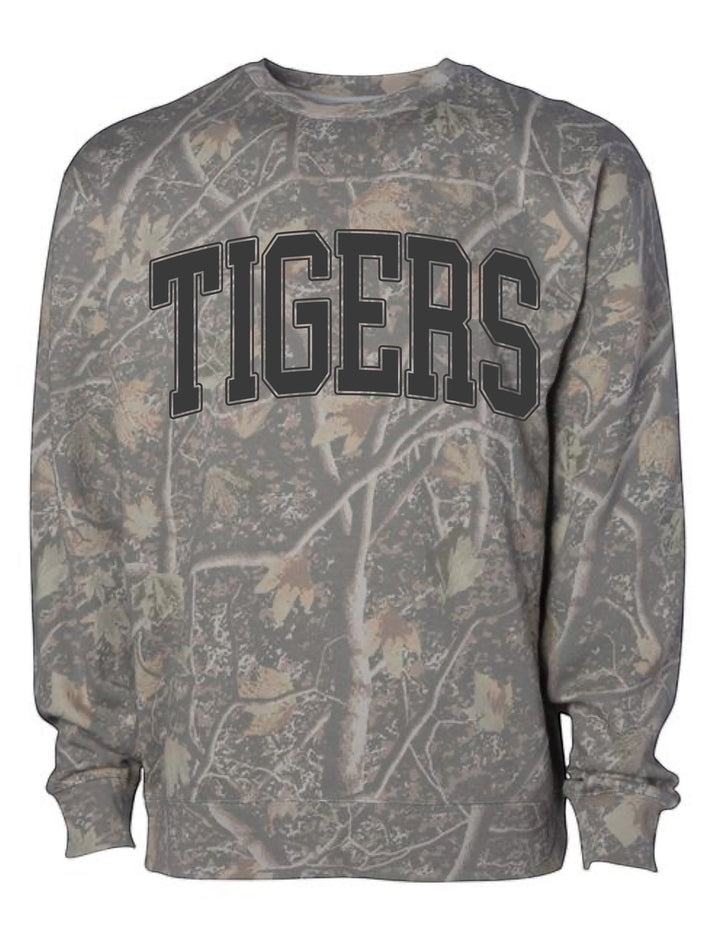 JSD Apparel Tigers crewneck sweatshirt in gray camouflage print with bold black collegiate lettering across the chest.