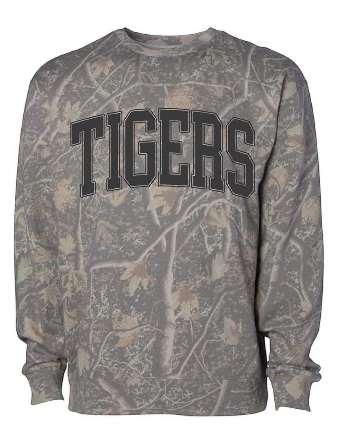 JSD Apparel Tigers crewneck sweatshirt in a gray marble camo print with bold black collegiate arch lettering.