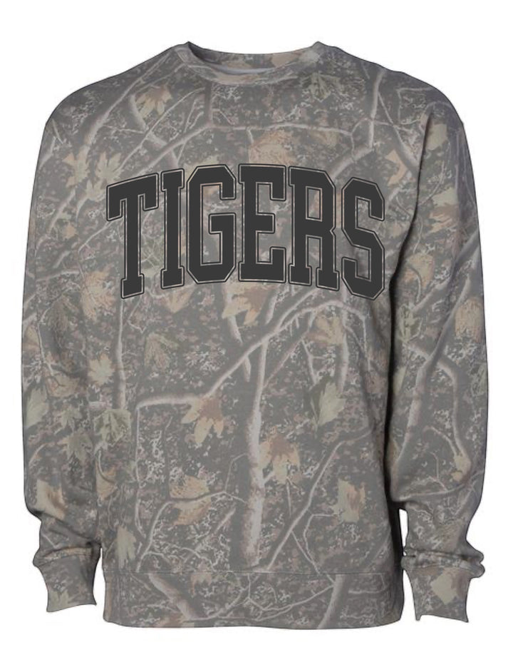 JSD Apparel Tigers crewneck sweatshirt in a gray marble camo print with bold black collegiate arch lettering.