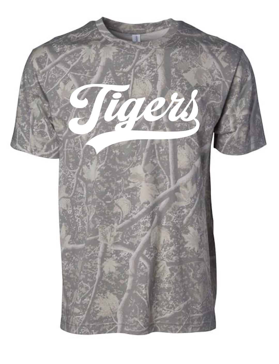 JSD Apparel Idaho Falls Tigers premium cotton tee in grey camouflage print with white script lettering