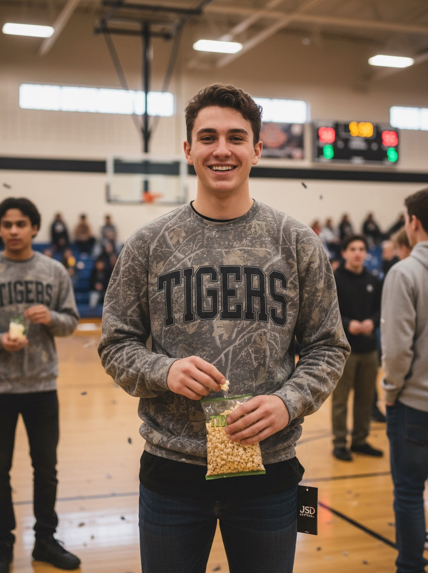 JSD Apparel Tigers crewneck sweatshirt in gray marble wash with black collegiate lettering worn by a smiling man