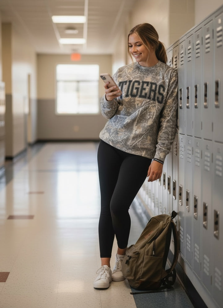 JSD Apparel Tigers crewneck sweatshirt in gray marble wash with collegiate lettering, worn by a student in a hallway.