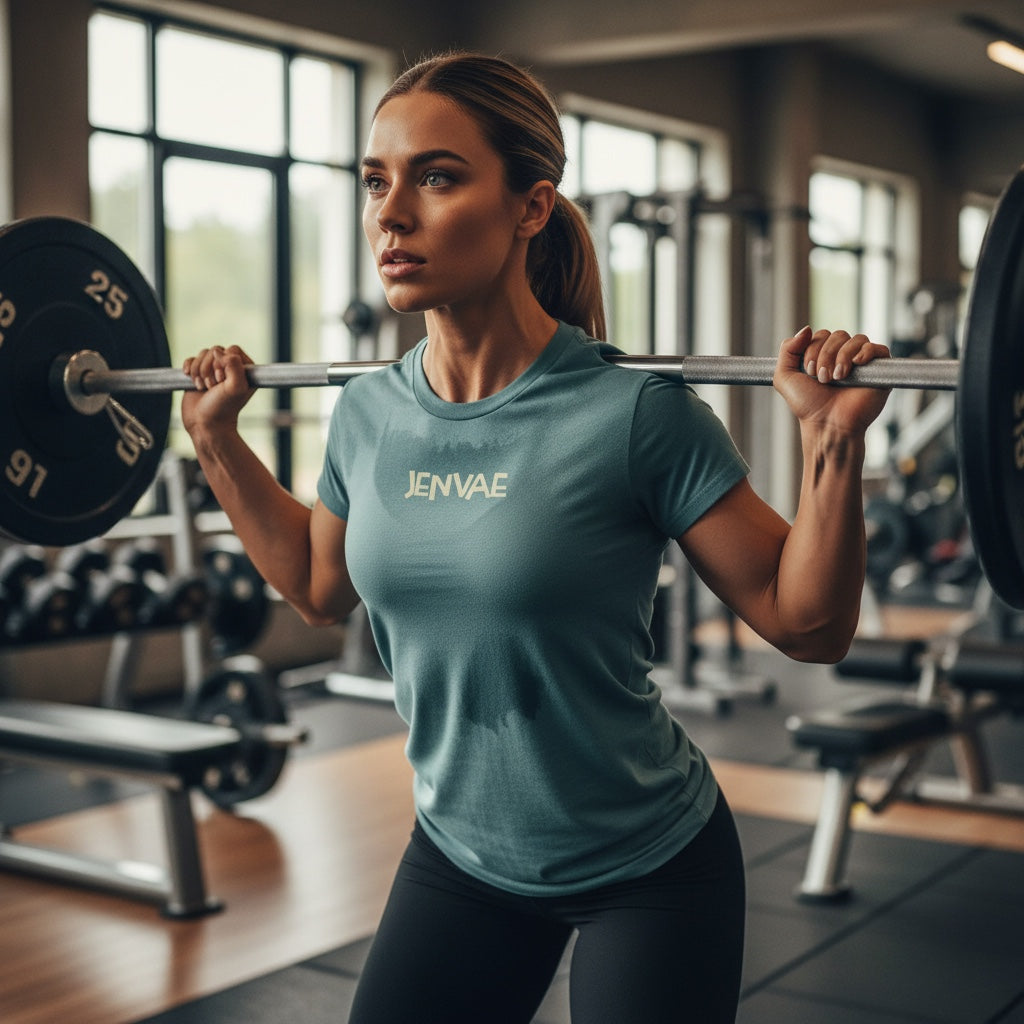Woman in a JSD Apparel blue cotton-blend t-shirt performing a barbell squat in a gym setting.