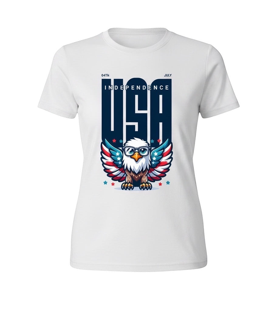 JSD Apparel white youth t-shirt featuring a patriotic eagle graphic with glasses and USA Independence text.
