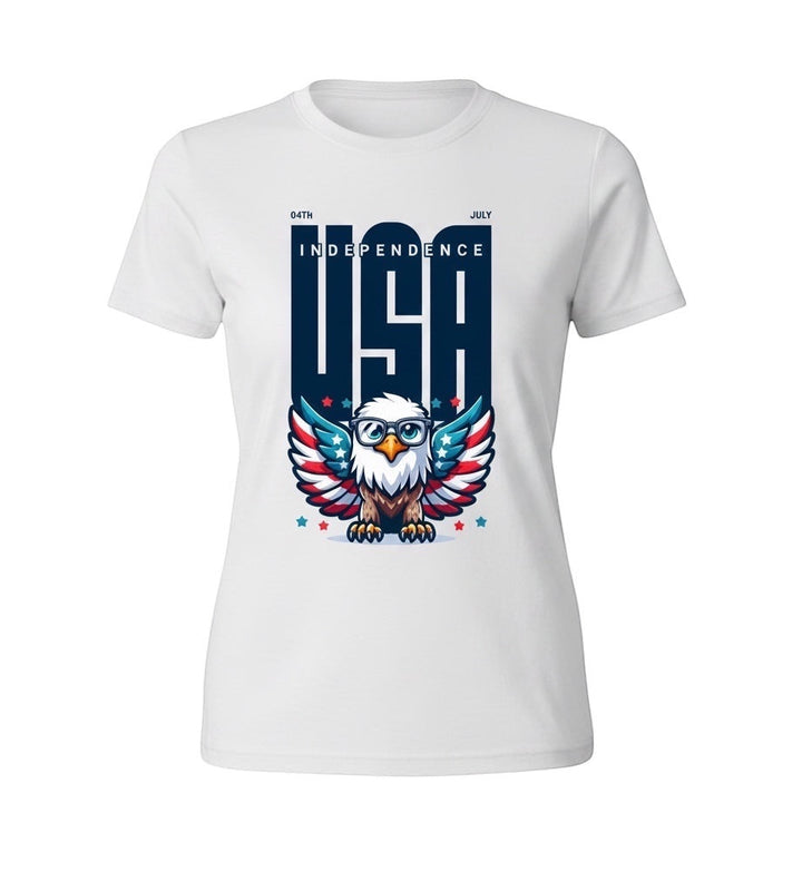 JSD Apparel white youth t-shirt featuring a patriotic eagle graphic with glasses and USA Independence text.
