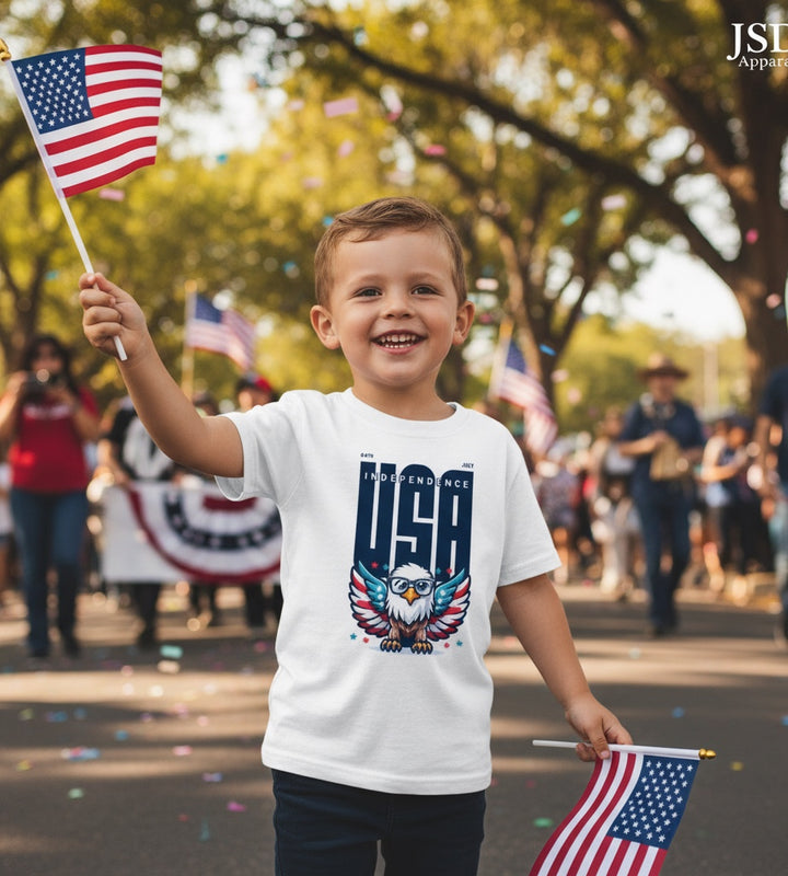 A smiling boy wearing a JSD Apparel white youth tee with a patriotic eagle graphic, waving American flags at a parade.