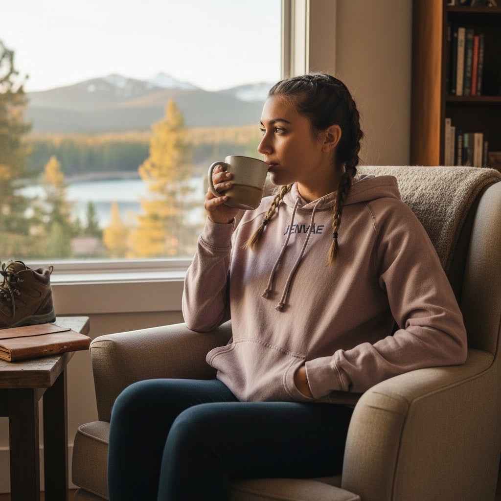 Woman wearing a JSD Apparel washed mauve Bloom Hoodie with Jenvae logo, sitting in a cozy armchair by a window.